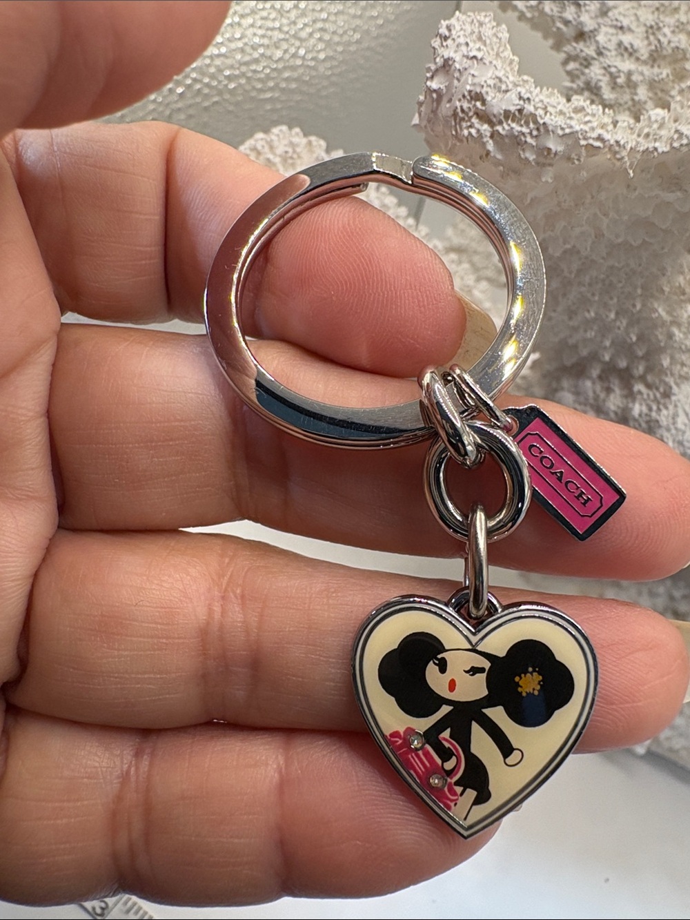 Coach Heart Poppy Charm Keyring in Cream and Pink